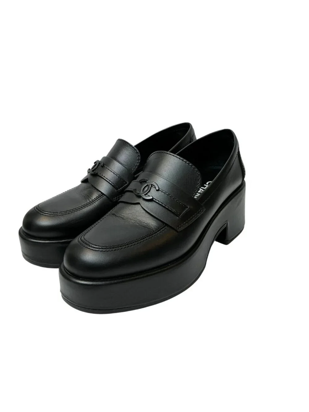 CHANEL Black Platform CC Leather Loafers Sz 7
